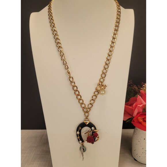 Vintage BJ Betsey Johnson Charm Necklace W/ Horseshoe & Rose Pendant 24" - Picture 11 of 11